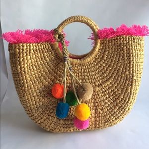 Thai Grass Tote with PomPoms - lined